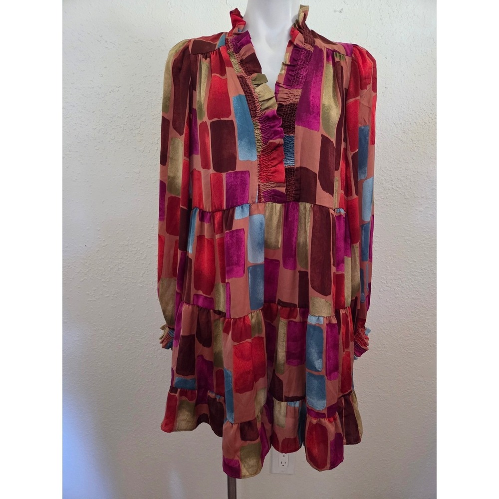 Easel Los Angeles Multicolor Geometric Tiered Babydoll Dress Small NWT Boho‎